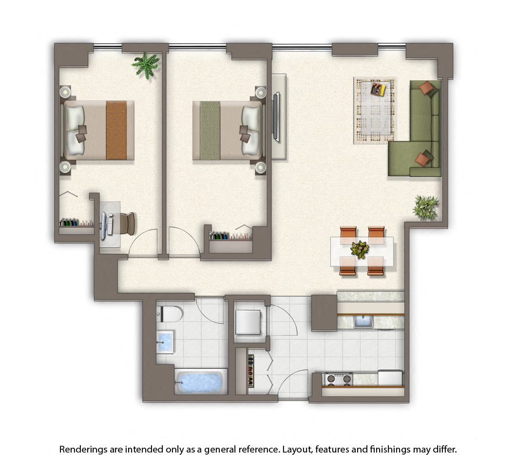 Floor plan for 2 beds, 1 bath, 744 sqft